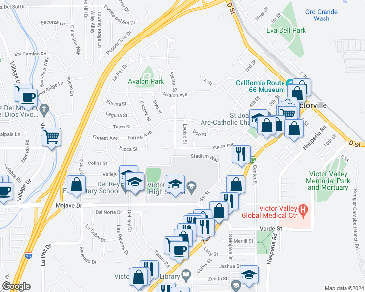 map of restaurants, bars, coffee shops, grocery stores, and more near 15512 Louise Street in Victorville