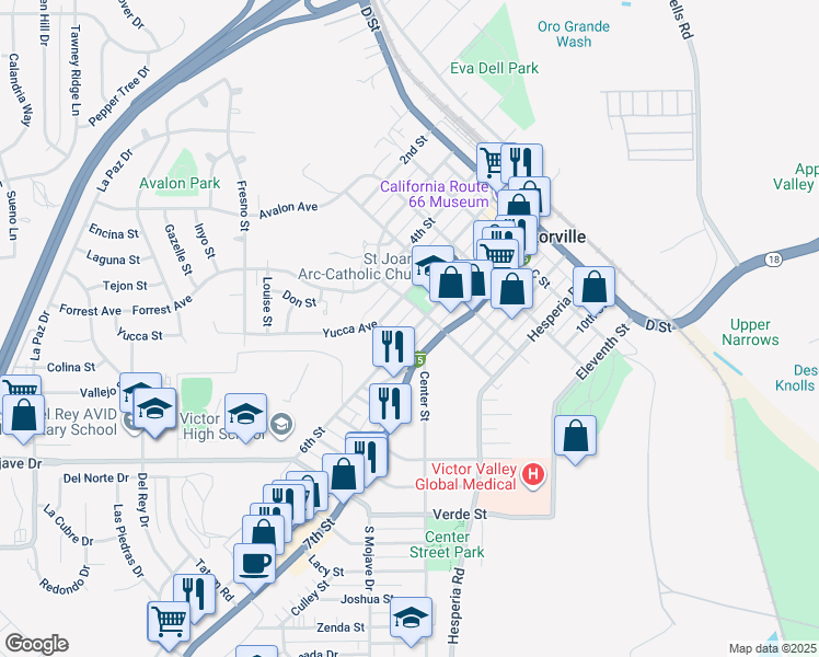 map of restaurants, bars, coffee shops, grocery stores, and more near 15436 6th Street in Victorville