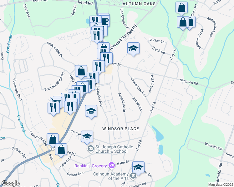 map of restaurants, bars, coffee shops, grocery stores, and more near 2421 Annandale Drive in Anderson