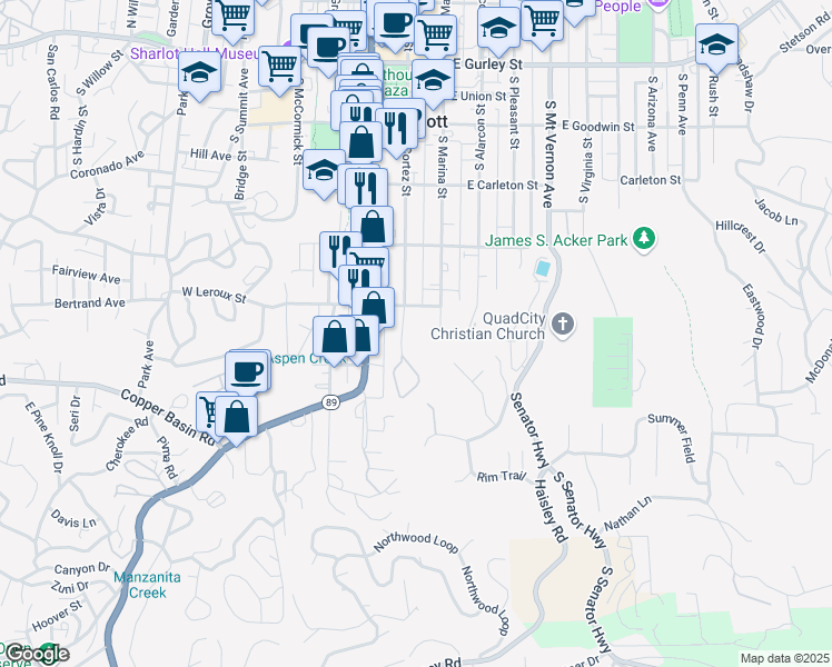 map of restaurants, bars, coffee shops, grocery stores, and more near 537 South Cortez Street in Prescott