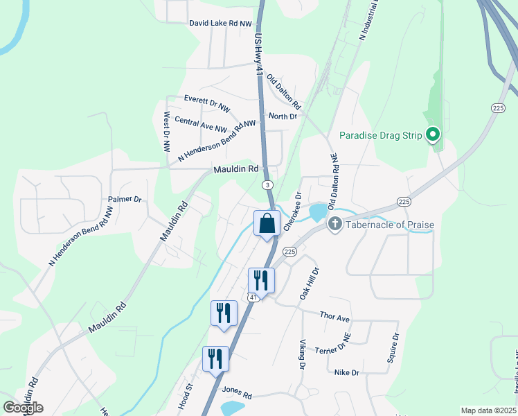 map of restaurants, bars, coffee shops, grocery stores, and more near 106 Creek Side Drive in Calhoun