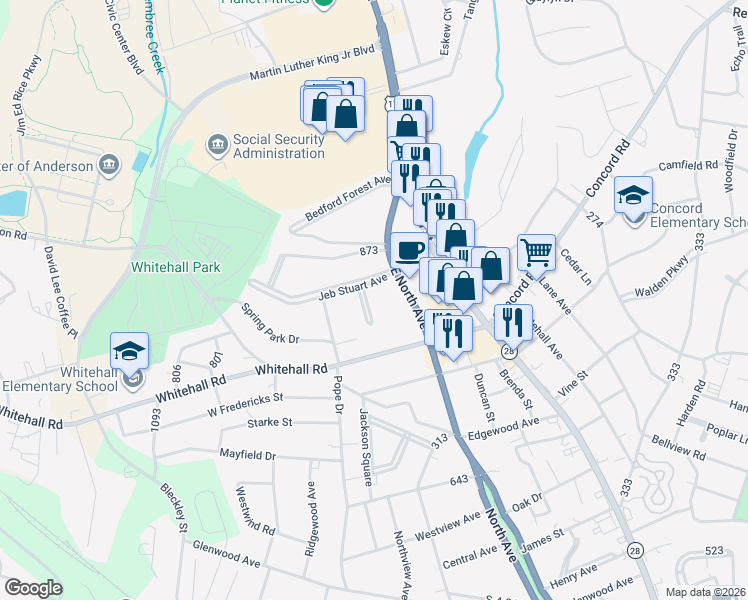 map of restaurants, bars, coffee shops, grocery stores, and more near 2810 Barnard E Bee Street in Anderson