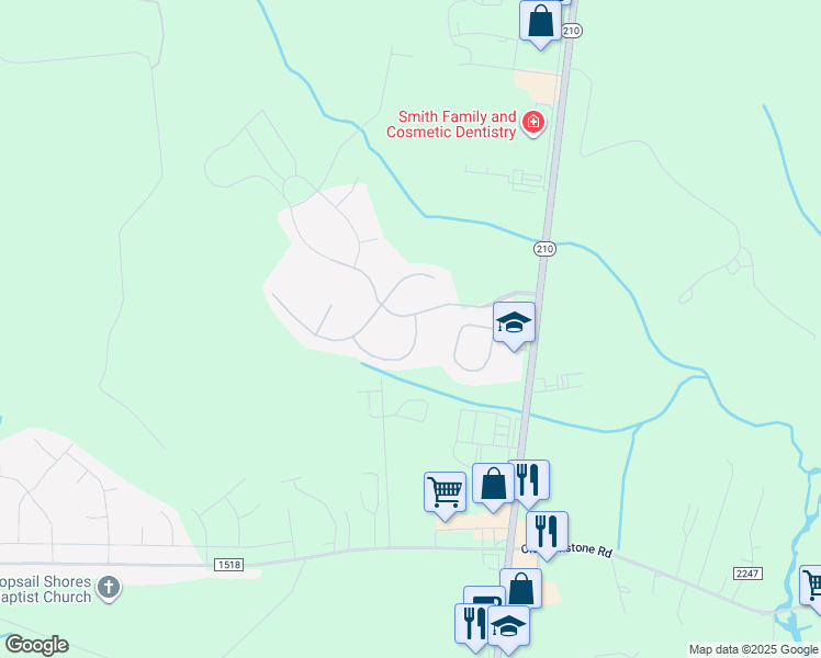 map of restaurants, bars, coffee shops, grocery stores, and more near 406 Bald Cypress Lane in Sneads Ferry