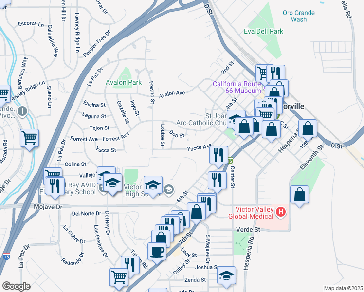 map of restaurants, bars, coffee shops, grocery stores, and more near 16634 Yucca Avenue in Victorville