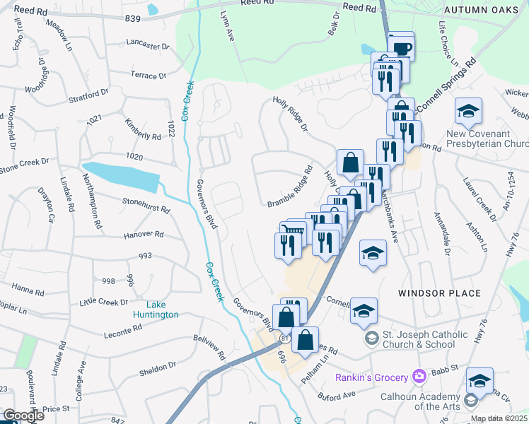 map of restaurants, bars, coffee shops, grocery stores, and more near 1502 Bramble Ridge Road in Anderson