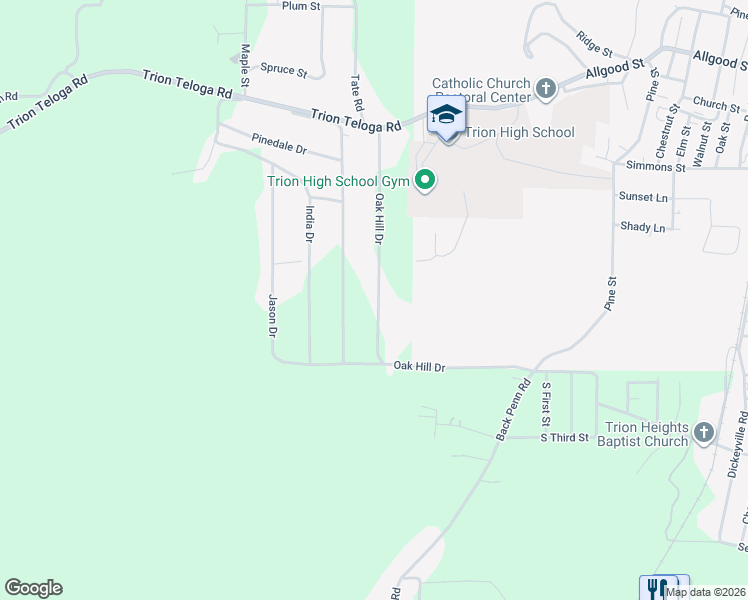 map of restaurants, bars, coffee shops, grocery stores, and more near 529 Oak Hill Drive in Trion