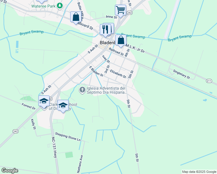 map of restaurants, bars, coffee shops, grocery stores, and more near 400 East Poplar Street in Bladenboro