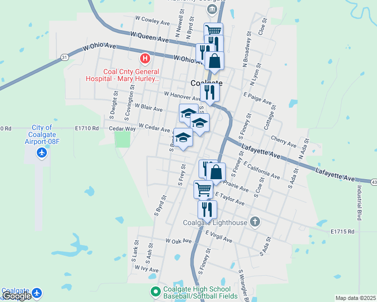 map of restaurants, bars, coffee shops, grocery stores, and more near West Fox Avenue in Coalgate