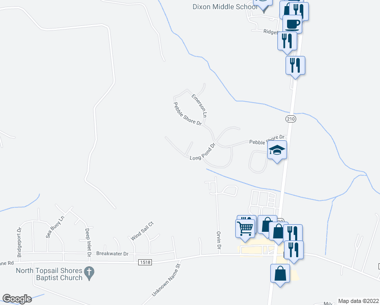 map of restaurants, bars, coffee shops, grocery stores, and more near 102 Prescott Cir in Sneads Ferry