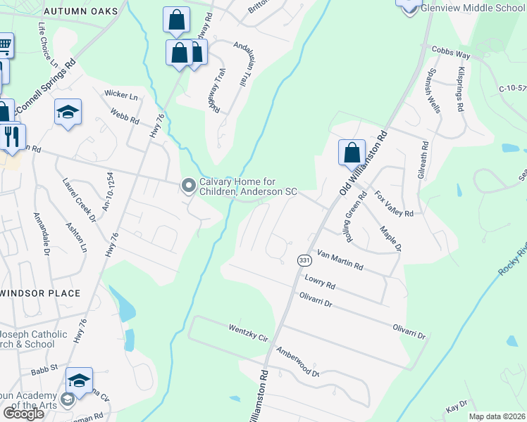map of restaurants, bars, coffee shops, grocery stores, and more near 14 Charlestowne Way in Anderson