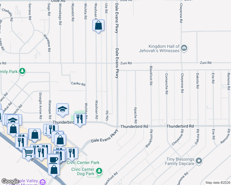 map of restaurants, bars, coffee shops, grocery stores, and more near 15514 Dale Evans Parkway in Apple Valley