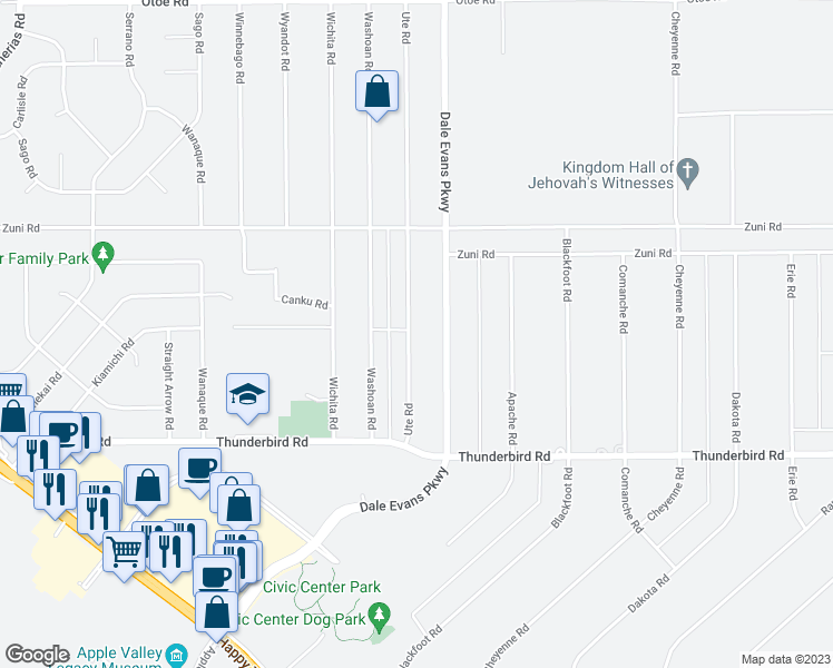 map of restaurants, bars, coffee shops, grocery stores, and more near 15515 Ute Road in Apple Valley