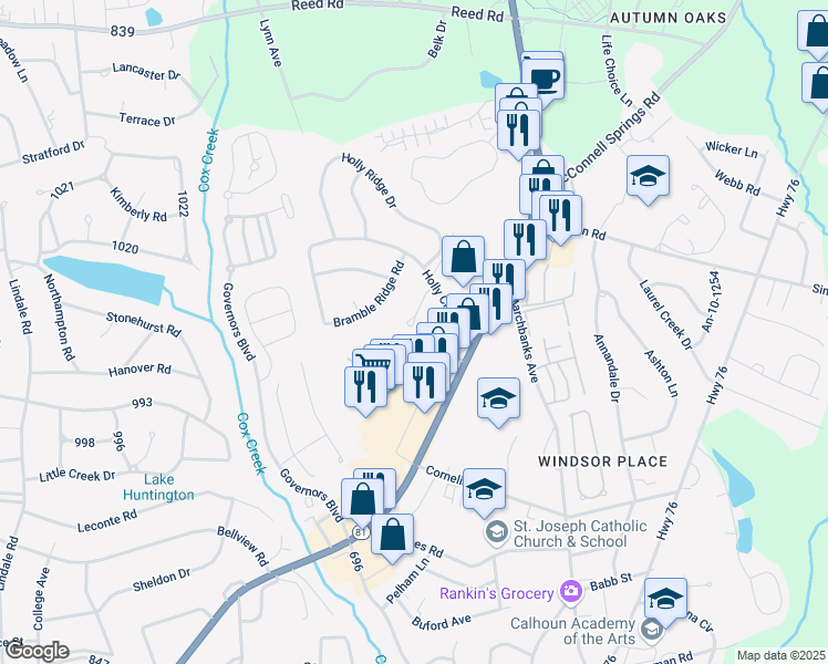 map of restaurants, bars, coffee shops, grocery stores, and more near 1626 Sandy Hollow in Anderson