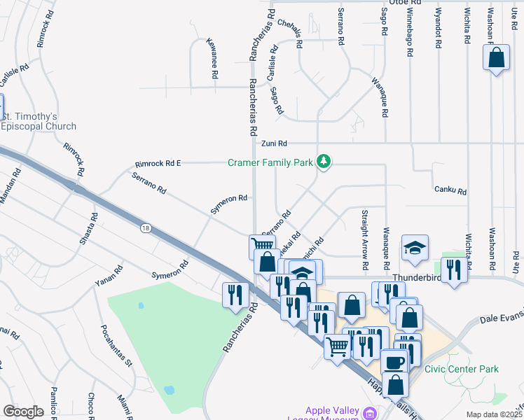 map of restaurants, bars, coffee shops, grocery stores, and more near 15491 Rancherias Road in Apple Valley