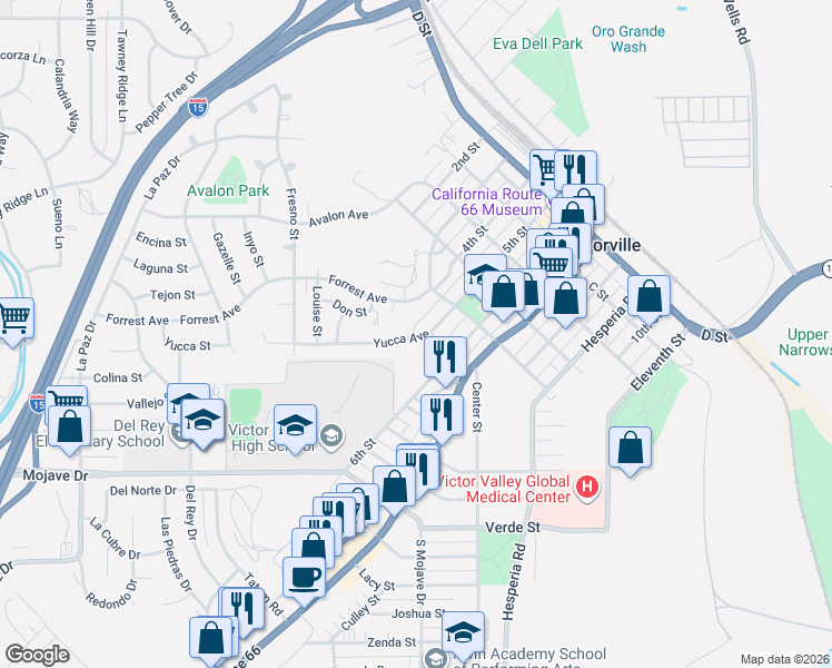 map of restaurants, bars, coffee shops, grocery stores, and more near 16765 Yucca Avenue in Victorville