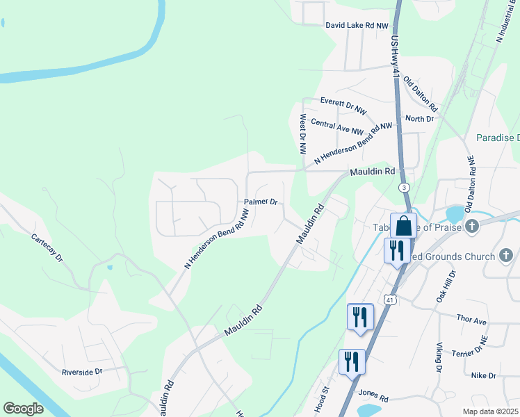 map of restaurants, bars, coffee shops, grocery stores, and more near 518 North Henderson Bend Road Northwest in Calhoun