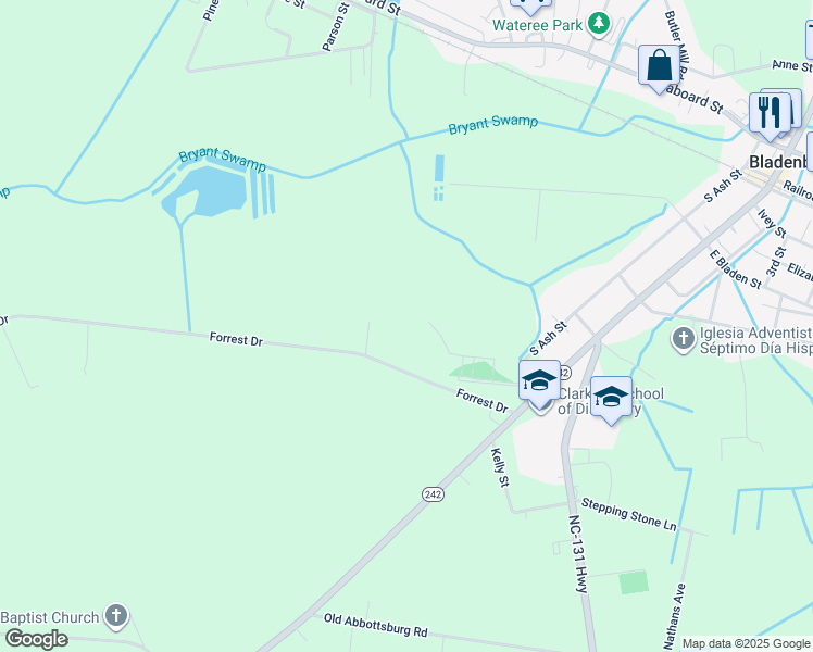 map of restaurants, bars, coffee shops, grocery stores, and more near 413 Forrest Drive in Bladenboro