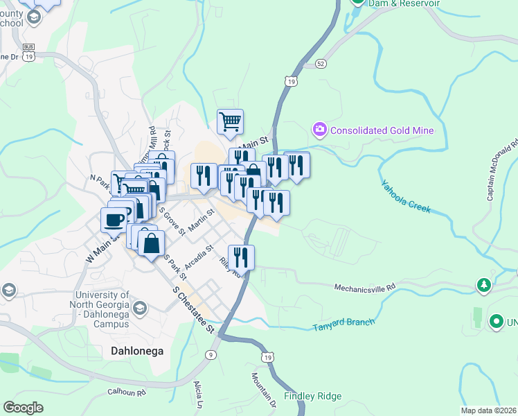 map of restaurants, bars, coffee shops, grocery stores, and more near Highway 52 in Dahlonega
