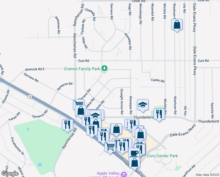 map of restaurants, bars, coffee shops, grocery stores, and more near 15506 Kiamichi Road in Apple Valley