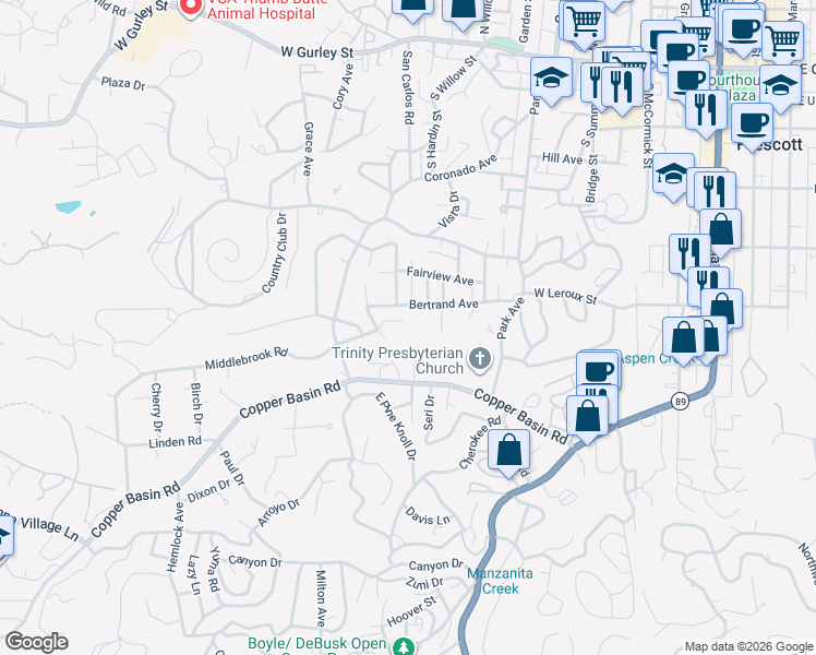 map of restaurants, bars, coffee shops, grocery stores, and more near 748 Copper Basin Road in Prescott