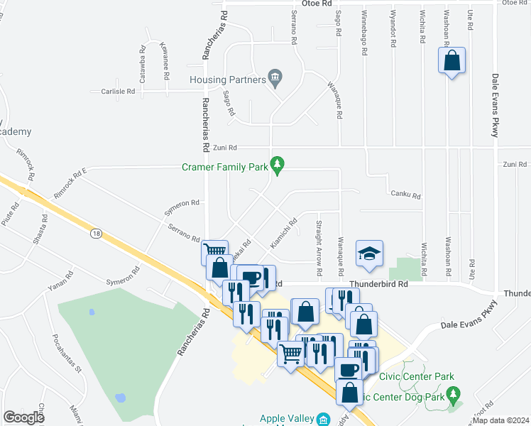map of restaurants, bars, coffee shops, grocery stores, and more near 15524 Tonekai Road in Apple Valley