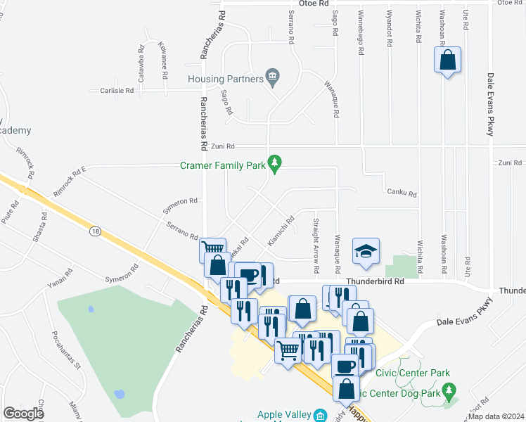 map of restaurants, bars, coffee shops, grocery stores, and more near 15495 Tonekai Road in Apple Valley
