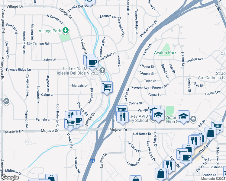 map of restaurants, bars, coffee shops, grocery stores, and more near 15523 Barranca Way in Victorville