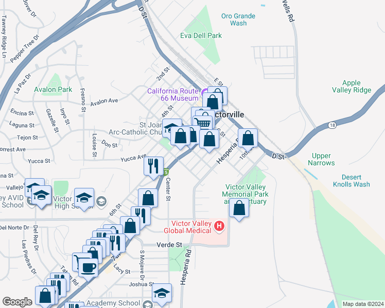 map of restaurants, bars, coffee shops, grocery stores, and more near 15160 Seventh Street in Victorville