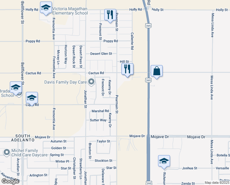 map of restaurants, bars, coffee shops, grocery stores, and more near 15576 Pearmain Street in Adelanto