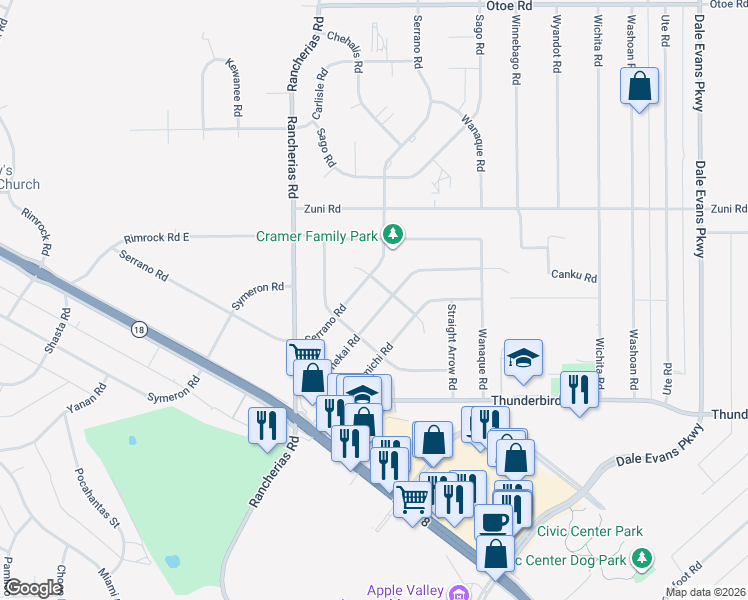 map of restaurants, bars, coffee shops, grocery stores, and more near 15524 Tonekai Road in Apple Valley