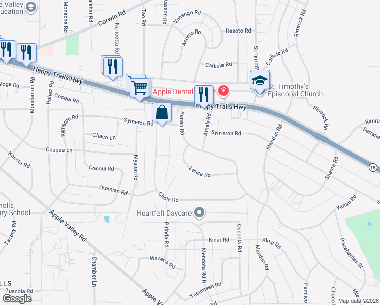 map of restaurants, bars, coffee shops, grocery stores, and more near 19030 Lenca Road in Apple Valley