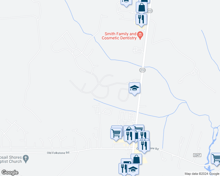 map of restaurants, bars, coffee shops, grocery stores, and more near 403 Bald Cypress Lane in Sneads Ferry