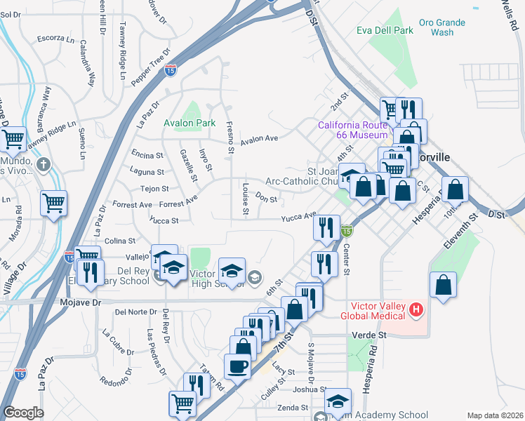 map of restaurants, bars, coffee shops, grocery stores, and more near 15533 Heartsease Lane in Victorville