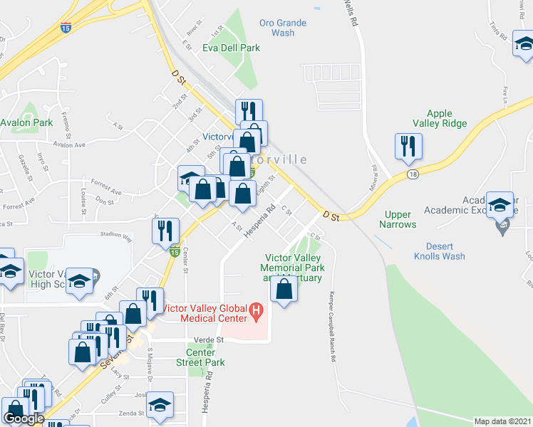 map of restaurants, bars, coffee shops, grocery stores, and more near 15556 Hesperia Road in Victorville