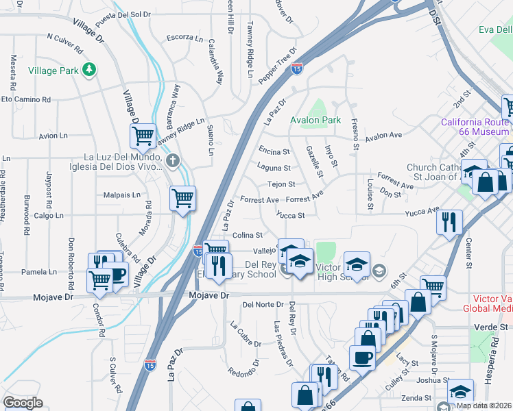 map of restaurants, bars, coffee shops, grocery stores, and more near 15558 Del Rey Drive in Victorville