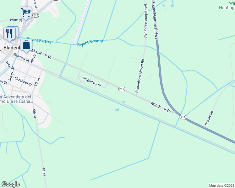map of restaurants, bars, coffee shops, grocery stores, and more near North Carolina 211 Highway West in Bladenboro