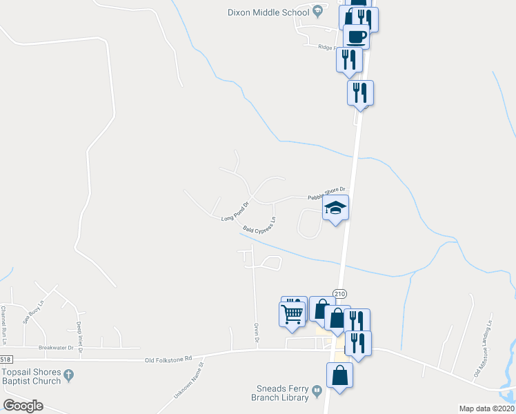 map of restaurants, bars, coffee shops, grocery stores, and more near 307 Pebble Shore Drive in Sneads Ferry