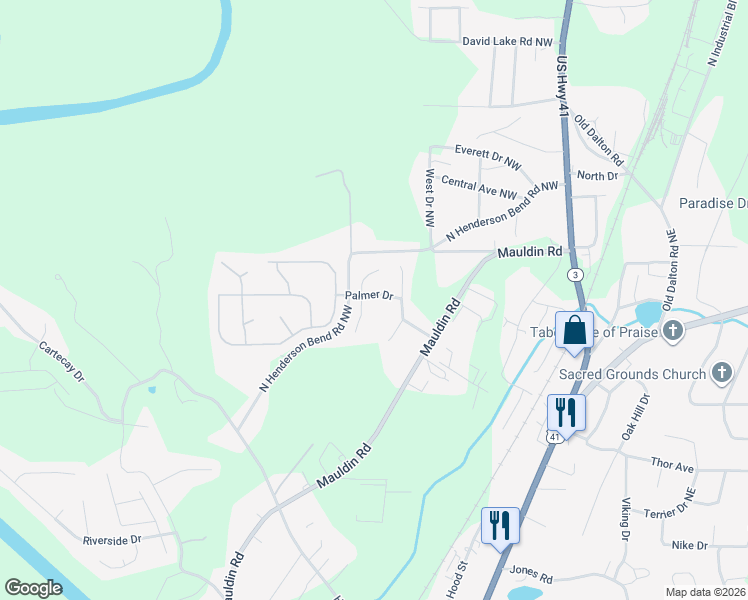map of restaurants, bars, coffee shops, grocery stores, and more near West Sequoyah Drive in Calhoun
