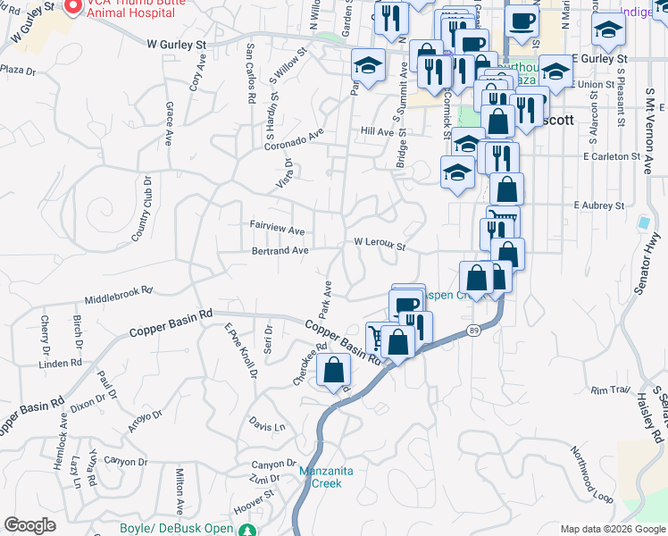 map of restaurants, bars, coffee shops, grocery stores, and more near 538 Park Avenue in Prescott