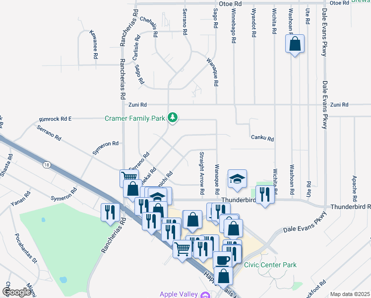map of restaurants, bars, coffee shops, grocery stores, and more near 20373 Pawhuska Road in Apple Valley