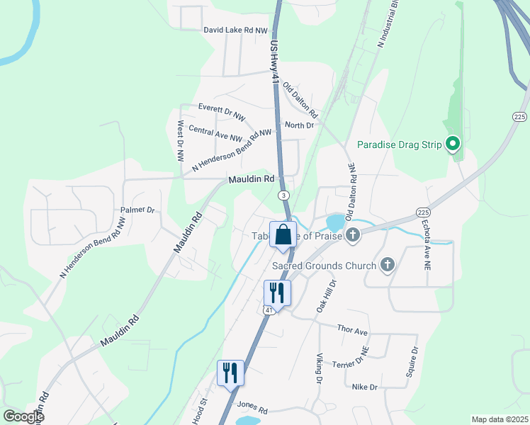 map of restaurants, bars, coffee shops, grocery stores, and more near 106 Creek Side Drive in Calhoun