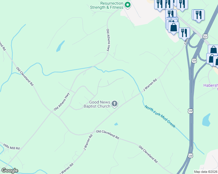 map of restaurants, bars, coffee shops, grocery stores, and more near 942 Soapstone Drive in Cornelia