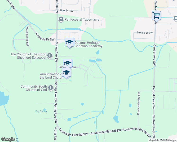 map of restaurants, bars, coffee shops, grocery stores, and more near 4105 Clydesdale Way Southwest in Decatur