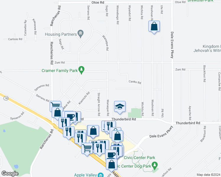 map of restaurants, bars, coffee shops, grocery stores, and more near 15535 Wanaque Road in Apple Valley