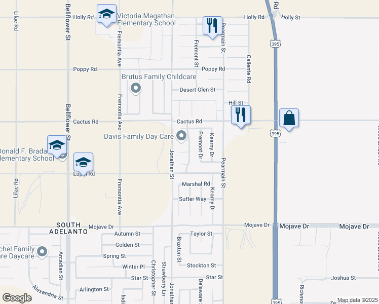 map of restaurants, bars, coffee shops, grocery stores, and more near Maverick Drive & Drake Court in Adelanto