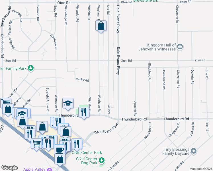 map of restaurants, bars, coffee shops, grocery stores, and more near 15530 Ute Road in Apple Valley