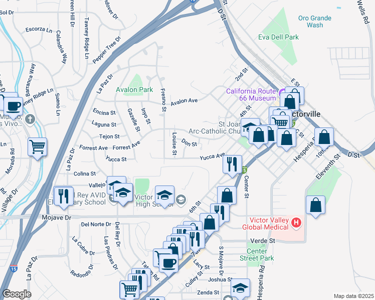 map of restaurants, bars, coffee shops, grocery stores, and more near 15545 Heartsease Lane in Victorville