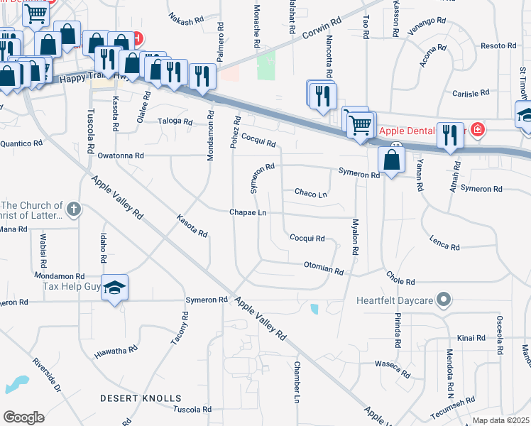 map of restaurants, bars, coffee shops, grocery stores, and more near 18845 Chapae Lane in Apple Valley