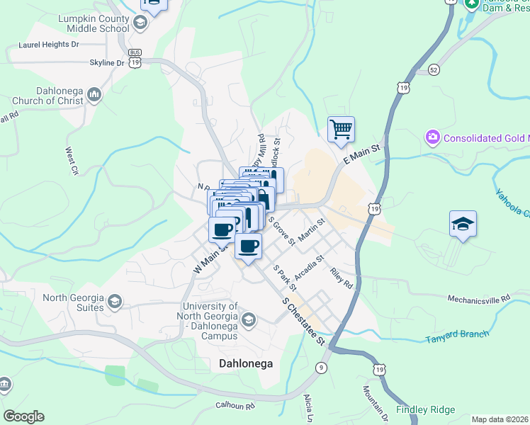 map of restaurants, bars, coffee shops, grocery stores, and more near 60 East Main Street in Dahlonega