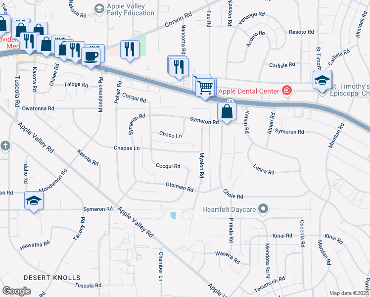map of restaurants, bars, coffee shops, grocery stores, and more near 18803 Chapae Lane in Apple Valley
